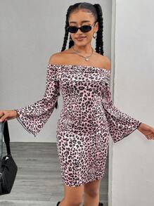 Teen Girl Leopard Print Off Shoulder Flare Sleeve Bodycon Mini Dress - Hot Pink - View 6
