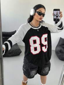 SHEIN Unity Plus Size Women Letter Print Casual T-Shirt With Raglan Sleeves - Black and White - View 6