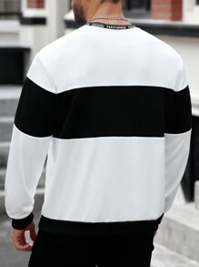 Manfinity Homme Plus Size Men's Letter Print Round Neck Long Sleeve Casual Sweatshirt, Autumn/Winter - Black and White - View 2