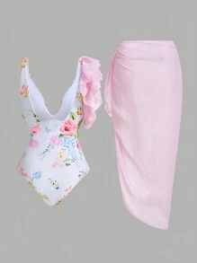 Swim Oasis Summer Vacation Deep V Neck Tummy Control Ruffle Hem One-Piece Swimsuit - Multicolor - View 2