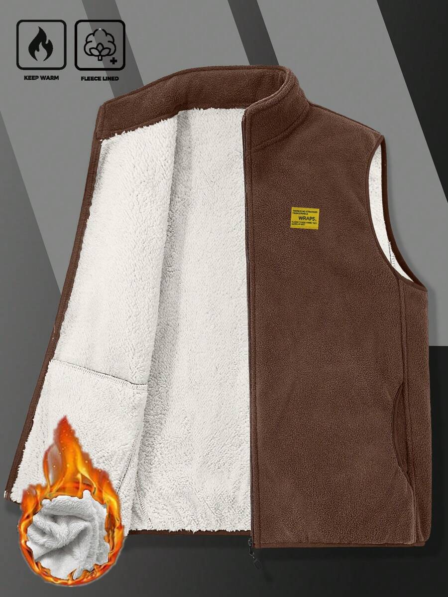 Manfinity Homme Loose Letter Patched Teddy Vest Jacket For Men Winter Vest - Coffee Brown - View 1