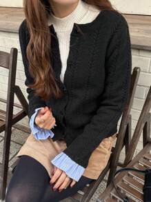FRIFUL Damen Lässig gestreifte Patchwork Strickjacke, Herbst/Winter - Schwarz - Übersicht 1
