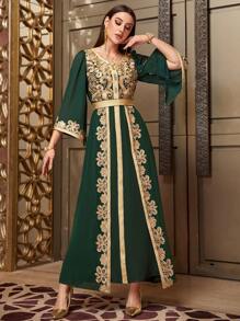 Layrah Elegant Party Dark Green And Gold Embroidered Bell Sleeve Dress, Modest Kaftan