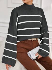 EURMUSE Women's Casual Color Block Striped Stand Collar Bell Sleeve Sweater, Autumn/Winter - Dark Grey - View 6