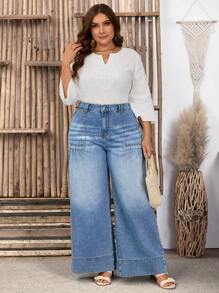 SHEIN LUNE Plus Size Washed Loose Wide-Leg Jeans For Leisure