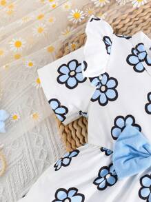 SHEIN 2 stuks/set babymeisje zomer schattige ruches mouw ronde hals strik decor bloemenprint T-shirt & effen kleur elastische taille broek outfit, casual & schattig voor buiten
