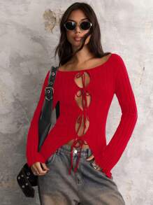 COSMINA Women's Fashionable Solid Color Hollow Out Lace-Up Sweater, Autumn - Red - View 8