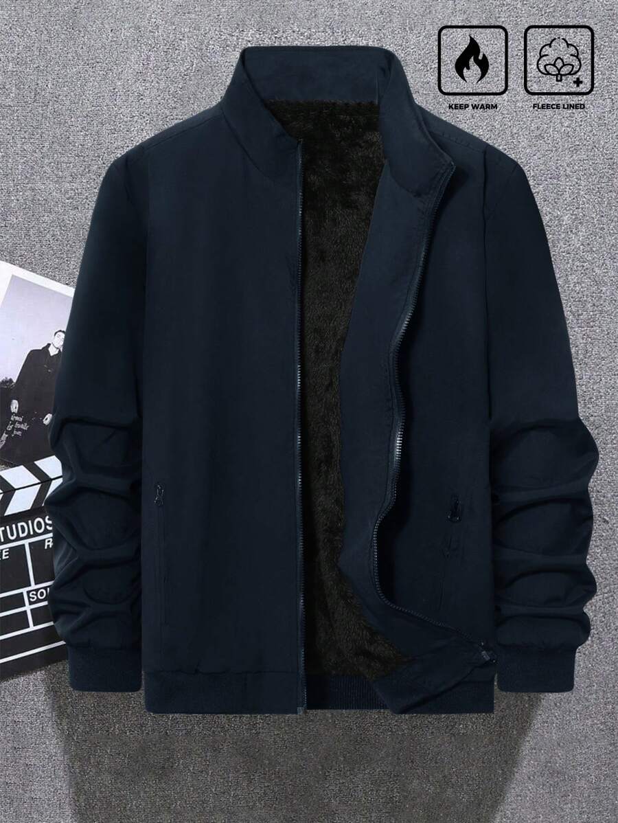 Manfinity Homme Plus Size Men's Solid Color Front Zip Long Sleeve Minimalist Winter Jacket - Royal Blue - View 1