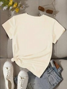 SHEIN Tween Girl' Round Neck Short Sleeve Bow Print Casual T-Shirt - Apricot - View 2