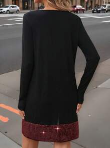 SHEIN LUNE Robe courte à manches longues, col rond, patchwork de perles pour femmes, pour l'automne