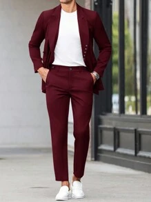 Calvornis 男士纯色前扣开合长袖口袋简约上衣和长裤西装套装 - 酒紅色 - 查看 5