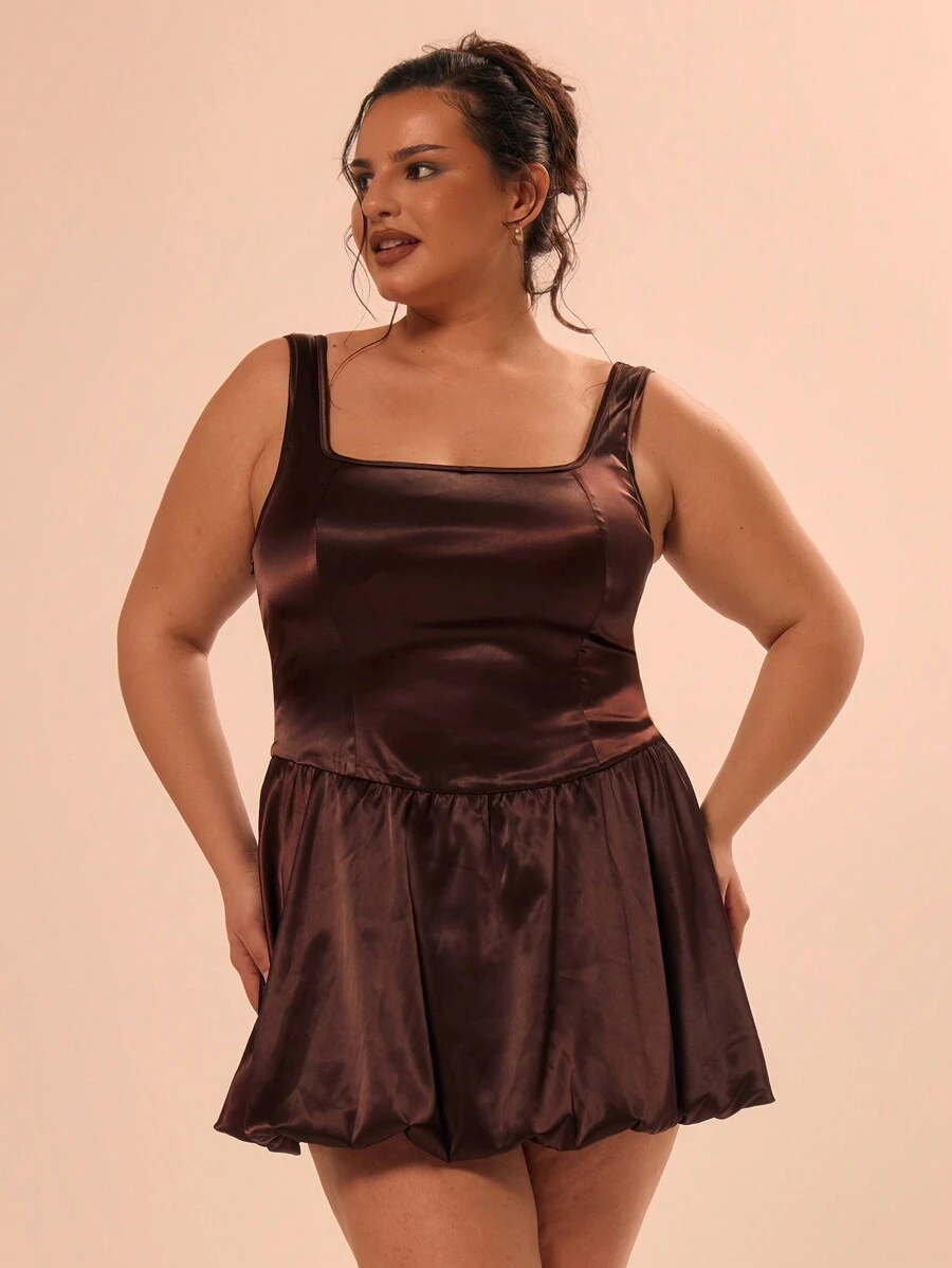 MUSERA Plus Size Satin Square Neck Puffball Mini Dress Outfit For Occasion, Wedding Guest, Summer Vacation, Spring Break, , Races, Formal, Elegant Ibiza, Holiday Flowy, Versitile - Brown - View 1