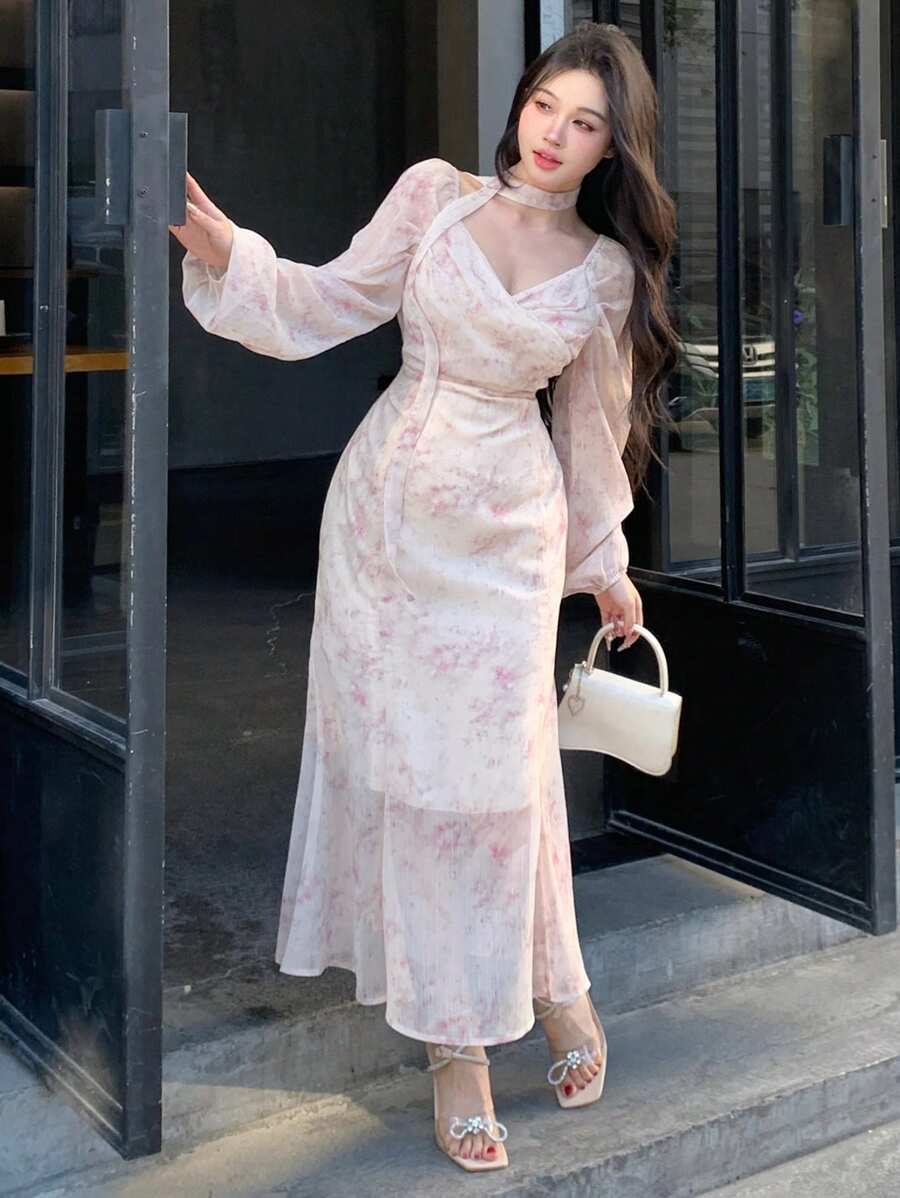 DAZY 女士全印花腰部收腰中长连衣裙花卉、荷叶边、秋季连衣裙长袖连衣裙 - 米色 - 查看 1