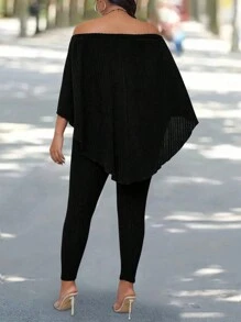 SHEIN LUNE 2pcs Plus Size Solid Color Off Shoulder Long Sleeve Top And Pants Elegant Set Fall Cloth For Women - Black - View 2