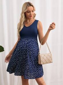 SHEIN Maternity Nursing Heart Print Knot Side Dress - Navy Blue - View 6