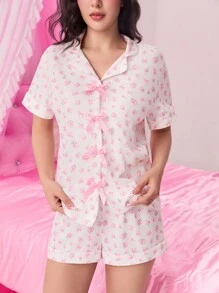 ROMWE Kawaii 花卉与蝴蝶结印花翻领短袖短裤睡衣套装 - 彩色 - 查看 2