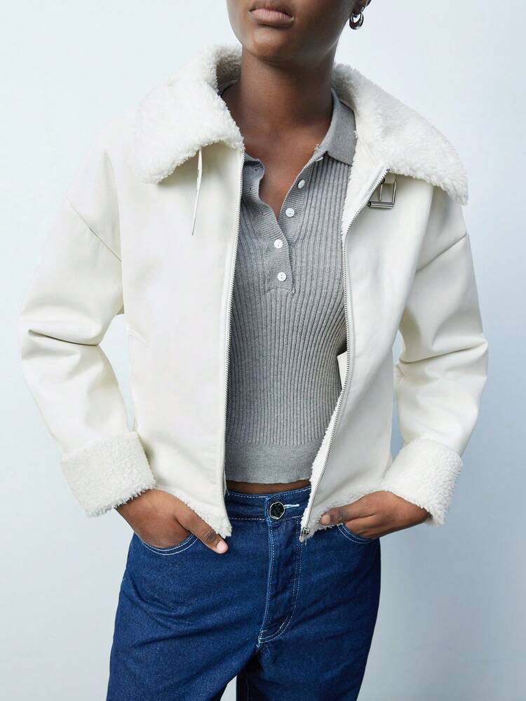 SHEIN Maija Women Casual Fluffy Patchwork Front Zipper Long Sleeve Jacket Coat, Simple & White, Autumn/Winter