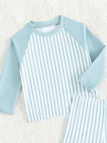SHEIN 2pcs/Set Baby Boys Swimsuit, Fashionable Casual Striped Long Sleeve Top And Swim Trunks