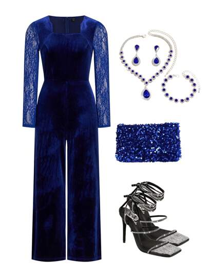 Ellevyn 女士优雅黑色撞色蕾丝长袖连体裤，适合通勤、郊游、派对、夏季