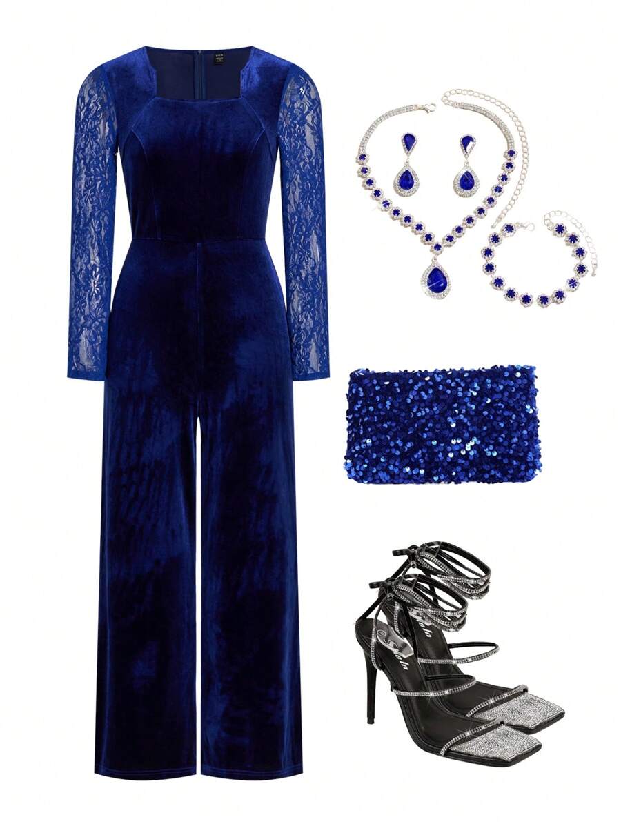 Ellevyn 女士优雅黑色撞色蕾丝长袖连体裤，适合通勤、郊游、派对、夏季 - 藏蓝色 - 查看 1