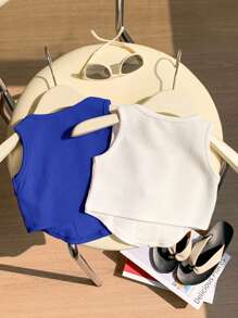 Casual Minimal Baby Girls Print Knit Sleeveless Square Neck Crop Top 2pcs Set, Summer - Multicolor - View 2