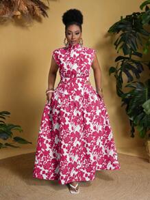 Slaydiva Váy chữ A in họa tiết không co giãn cỡ lớn - Màu Hồng Tươi - Xem 1