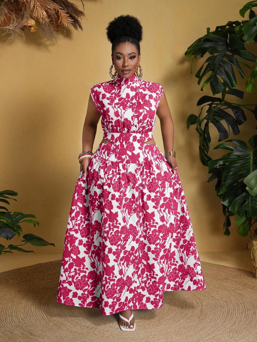 Slaydiva Váy chữ A in họa tiết không co giãn cỡ lớn - Màu Hồng Tươi - Xem 1