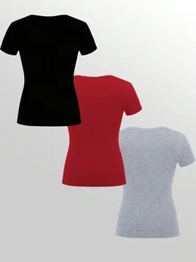 INAWLY 女士纯色休闲 T 恤，简约时尚，适合日常穿着 - 彩色 - 查看 2