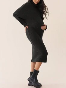 SHEIN 婴儿洗礼秋冬孕妇装，高领落肩袖，孕妇紧身针织连衣裙 - 黑色 - 查看 7