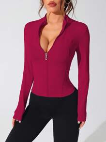 Women High Neck Tight Fit Sexy Jacket, Workout Yoga Fitness Outdoor Casual Long Sleeve Turtleneck Tight Top - Burgundy - View 4