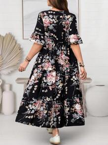 EMERY ROSE Váy tay bèo in họa tiết hoa cỡ lớn, trang phục mùa xuân cho phụ nữ, trang phục kỳ nghỉ nhiệt đới cho phụ nữ - màu đen - Xem 2