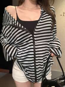 DAZY Women's Striped Open Front Cruise Holiday Loose T-Shirt,Fall Clothes