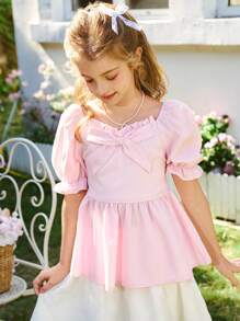 SHEIN Tween Girl Elegant Cute Bow Ruffle Puff Sleeve Blouse, Casual Vacation For Spring & Summer - Pink - View 1