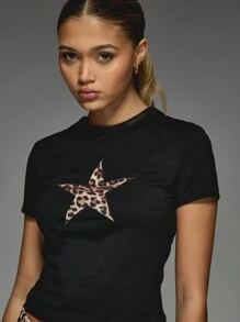 MISSGUIDED 修身 T 恤豹纹星星贴花设计短款短袖棉质平纹针织节日夏季春季休闲居家日间 - 黑色 - 查看 5
