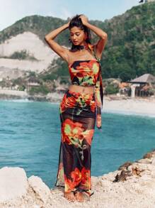 Opulessa 2 件套女士针织网眼印花短款紧身胸衣上衣和高腰裙套装 - 黑色 - 查看 4