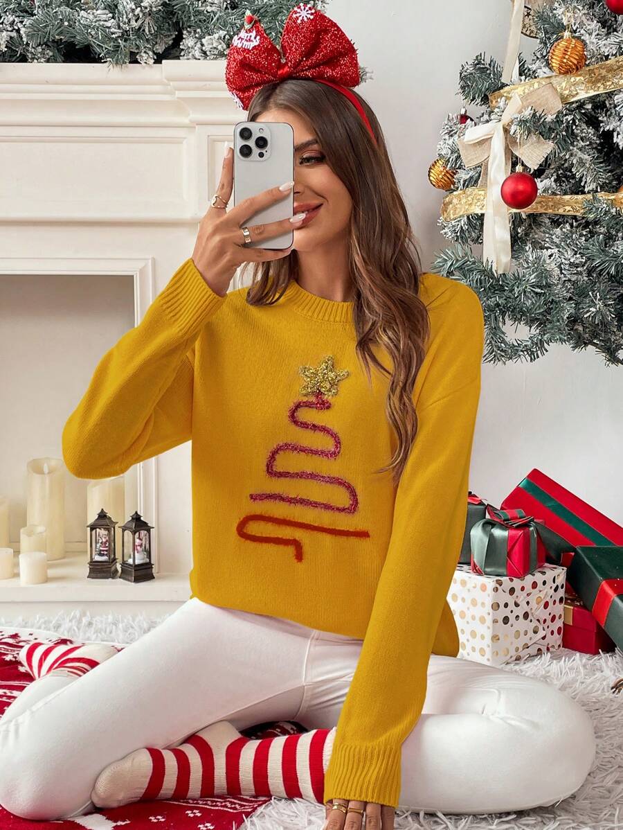 Chiquease Suéter de cuello redondo para mujer con estampado de estrella de cinco puntas y árbol de Navidad, suéter de punto para otoño e invierno - Amarillo Mostaza - Ver 1