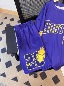 SHEIN Leap Crew 2pcs/Set Teen Boys Casual Short Sleeve T-Shirt & Shorts Set, Punk Rock Street Fashion Daily Outfits Suitable For Spring & Summer, Parties, Music Festivals - Purple - View 5