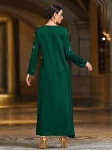 Layrah 女式手工缎面阿拉伯连衣裙，镶嵌水晶钻，橄榄绿色，带金色闪光，朴素的卡夫坦 - 墨綠色 - 查看 2