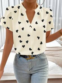 SHEIN Privé 女士 V 领短袖心形印花休闲上衣 - 杏色 - 查看 3