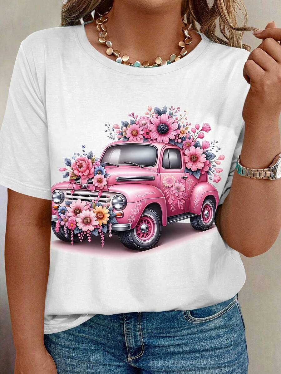 INAWLY Plus Size Women Summer Vacation Style Car & Flower Graphic Round Neck Short Sleeve T-Shirt Graphic Tees Women Tops