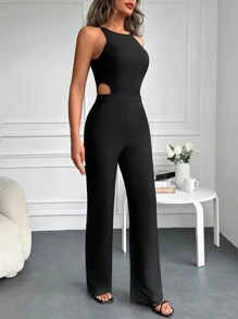 EURMUSE Solid Flare Leg Cami Jumpsuit - Black - View 6
