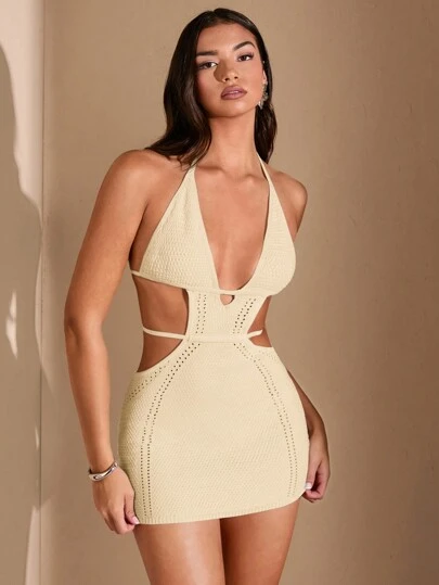 SHEIN BAE 白色露背针织迷你连衣裙、钩针比基尼、性感服装、沙滩女装、波西米亚风、夏季女装