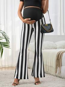 SHEIN Maternity Contrast Color Striped High Waist Sexy Flare Pants - Black and White - View 6
