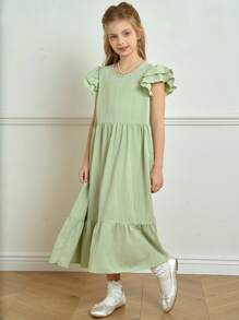 Wildeya Elegantes, minimalistisches Kleid für Tween Mädchen mit Jacquard-Textur und Volantärmeln, geeignet für Sommer und Frühling, für Ausflüge, Dates und Ferien