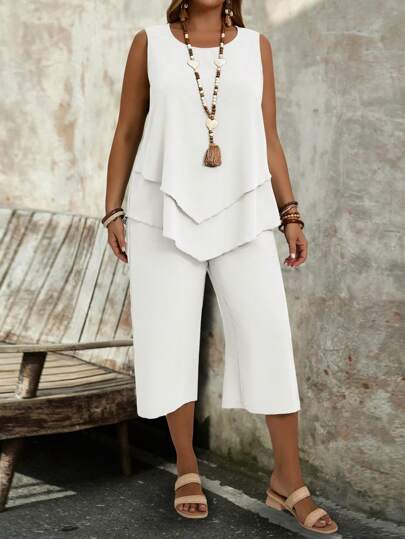 EMERY ROSE Plus Size Women's Simple White Sleeveless Top And Capri Pants 2pcs Set,Vacation Outfits Woman,Boho For Women,Summer Outfits For Women/Summer