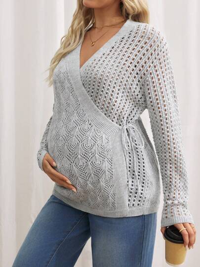 SHEIN 孕妇纯色镂空长袖裹身打结休闲毛衣，秋冬