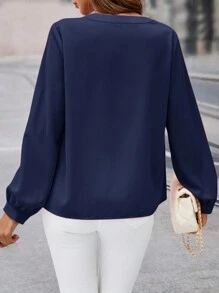 SHEIN Clasi 女士时尚百搭 V 领褶皱长袖衬衫，适合秋冬季通勤和休闲穿着 - 藏蓝色 - 查看 2