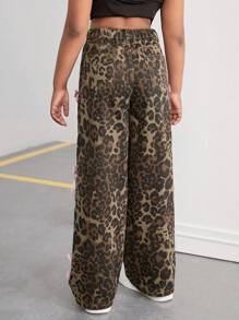 SHEIN Tween Girls Y2K Fashion Leopard Print Baggy Straight Leg Pants With Bowknot Decorated Pockets