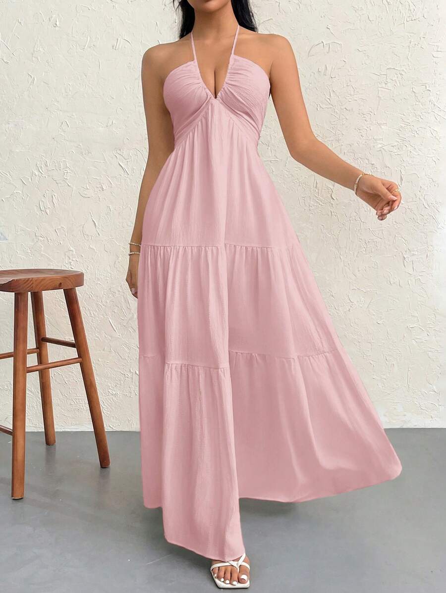 Firerie Váy hở lưng bằng vải chiffon có dây buộc phía sau dành cho nữ khi đi nghỉ dưỡng, đám cưới, sự kiện - Màu Hồng baby - Xem 1