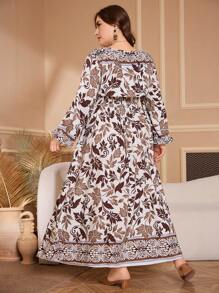 Lacomfia Casual Leaf Floral Print V-Neck Waisted Long Sleeve A-Line Dress, Plus Size, Suitable For Spring & Autumn